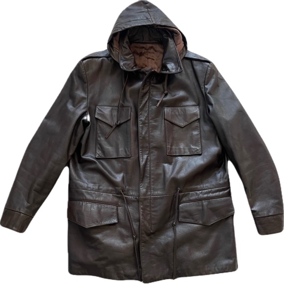 Overland Sheepskin Brown Leather MilitaryField Coat w/ Removable Hood Size 46